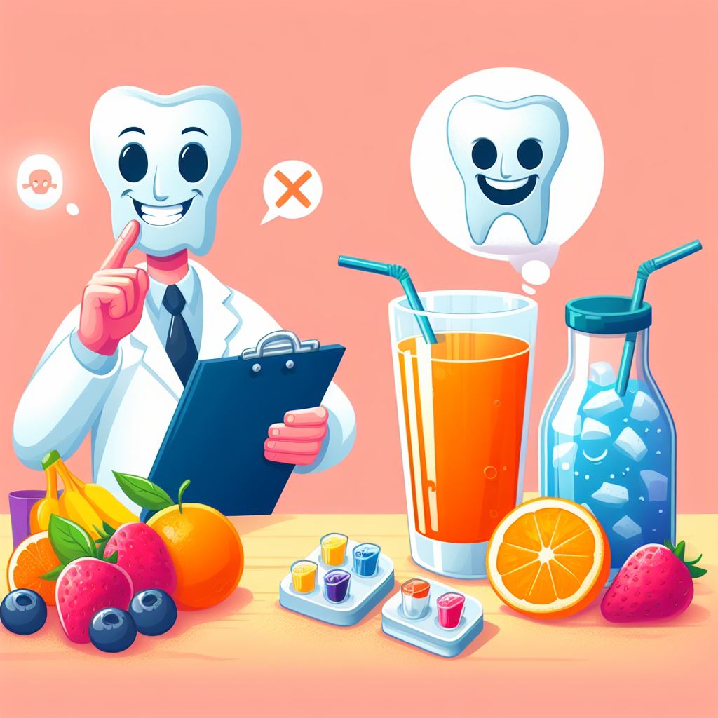 Infografika przedstawiająca wpływ picia soków owocowych na zdrowie zębów, prezentowana przez Gabinet Stomatologiczny i Ginekologiczny Moje Ząbki.