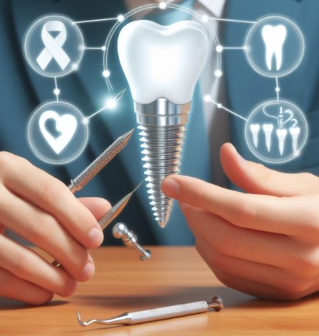 Infografika z odpowiedziami na najczęstsze pytania pacjentów dotyczące implantów zębowych w Gabinetach Stomatologicznych i Ginekologicznych Moje Ząbki.